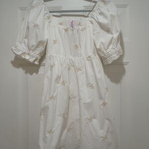 NWT Newvines Cottagecore Boho White  Mini  Lined With Balloon Sleeves Bow Dress